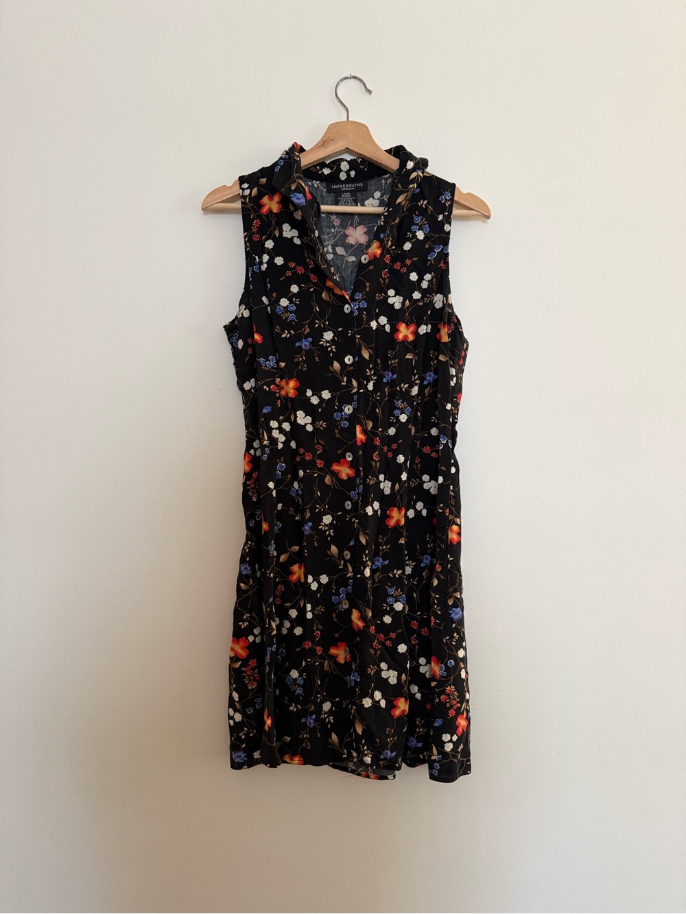 Vintage 90s Sleeveless Black Floral Button-Front Dress